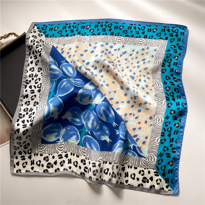 Leopardí šátek s granátovým jablkem, barevný blok, květinový hedvábný šátek z imitace hedvábí, dámský čtvercový šátek 70x70cm, šátek na hlavu, cestovní ručník_voghion.com