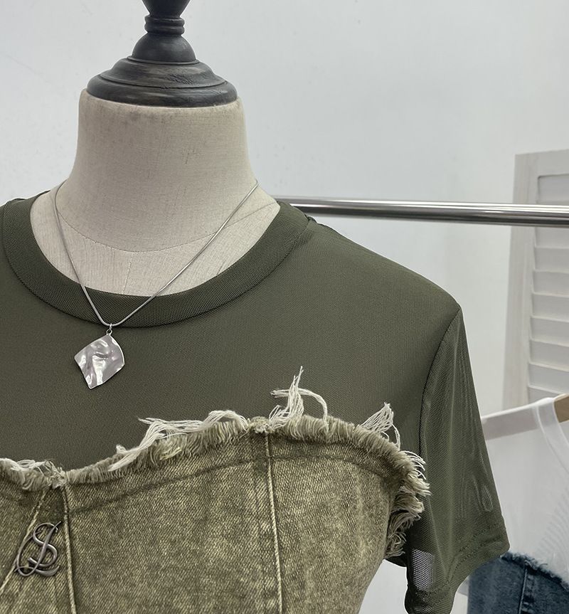 Damenbekleidung Real Shot Denim Splicing Mesh Kurzarm-T-Shirt Sommer Modisches unregelmäßiges kurzes Slim Fit-Oberteil mit hoher Taille_voghion.com