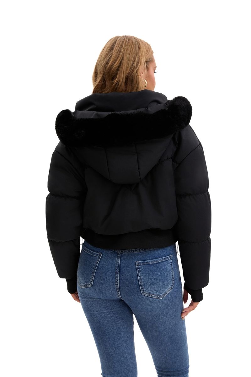 Women's Short Puffer Jacket With Detachable Faux Fur Hood, Winter Warm Quilted Coat, Waist-Cinching Design, Streetwear Fashion – Black, White-Grey_voghion.com