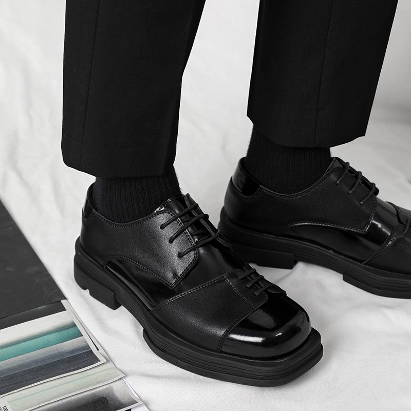 Men Genuine Leather Derby Shoes Vintage Square Toe Male Lace Up Platform Dress Shoes Black Business Footwear Wedding Shoes_voghion.com