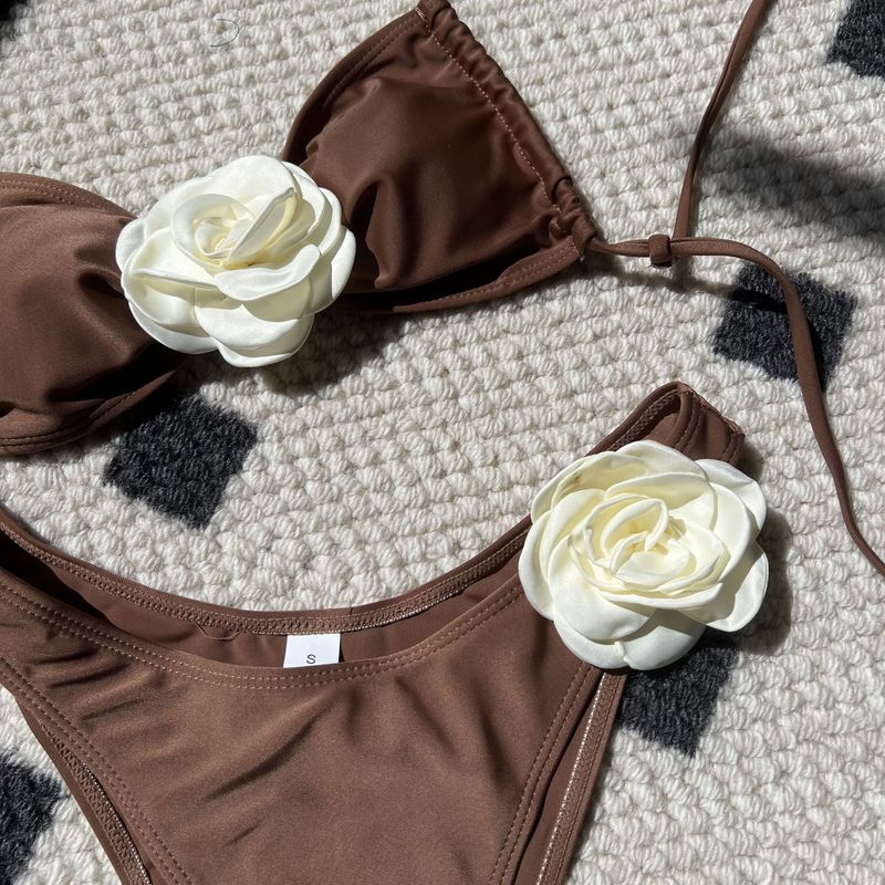 European And American Solid Color Rose Drawstring Split Swimsuit Bikini Bikini Cross Border Foreign Trade_voghion.com