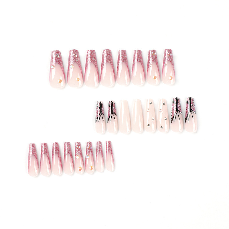 24 pezzi di unghie finte lunghe ballette francesi, con disegni di cuori rosa glitterati con strass, stampa sull'unghia completa_voghion.com