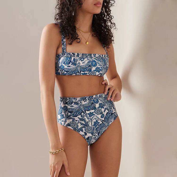 Women's bikini ruffled blue dragonfly print split swimsuit suit for women _voghion.com
