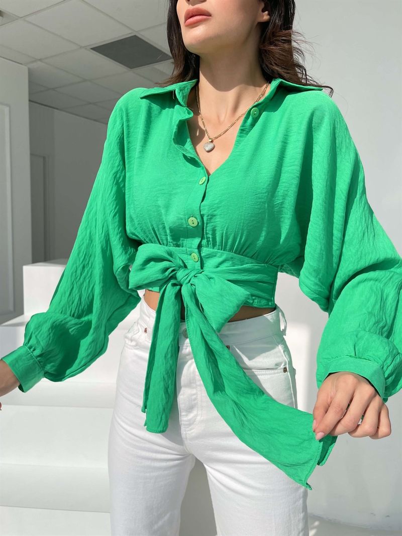 Women's Clothing Lace Up Long Sleeved Cardigan Spring And Summer Navel Baring Loose Shirts With Bat Sleeves_voghion.com