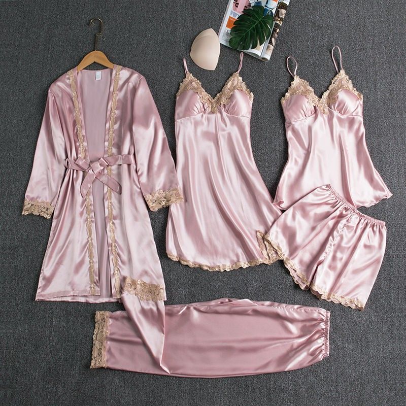 Foreign trade cross border new pajamas with chest pads Silk sexy sling golden flower five piece pajamas thin home clothes_voghion.com