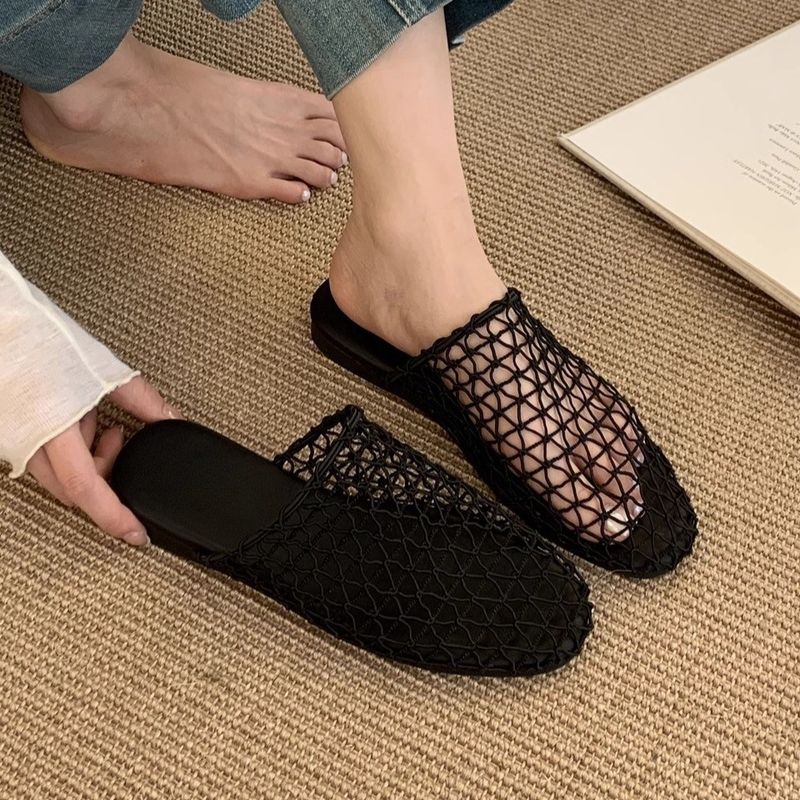 New Mesh Hollow Breathable Fishnet Woven Closed-Toe Half Slippers Flat Mules Roman Sandals_voghion.com