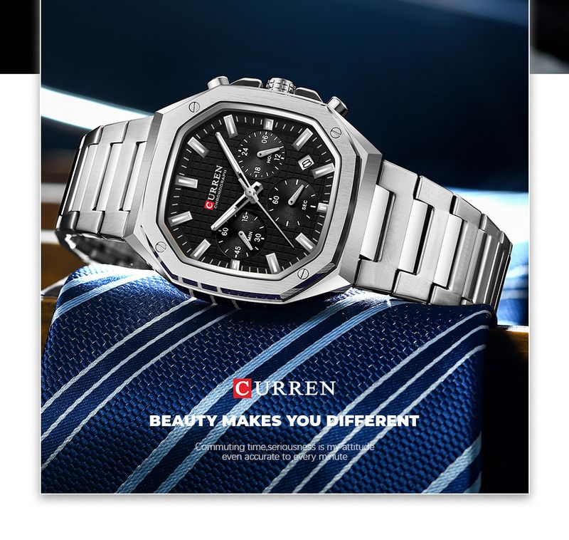 CURREN Orologio cronografo da uomo in acciaio inossidabile con quadrante quadrato e data, design di ispirazione vintage, al quarzo_voghion.com