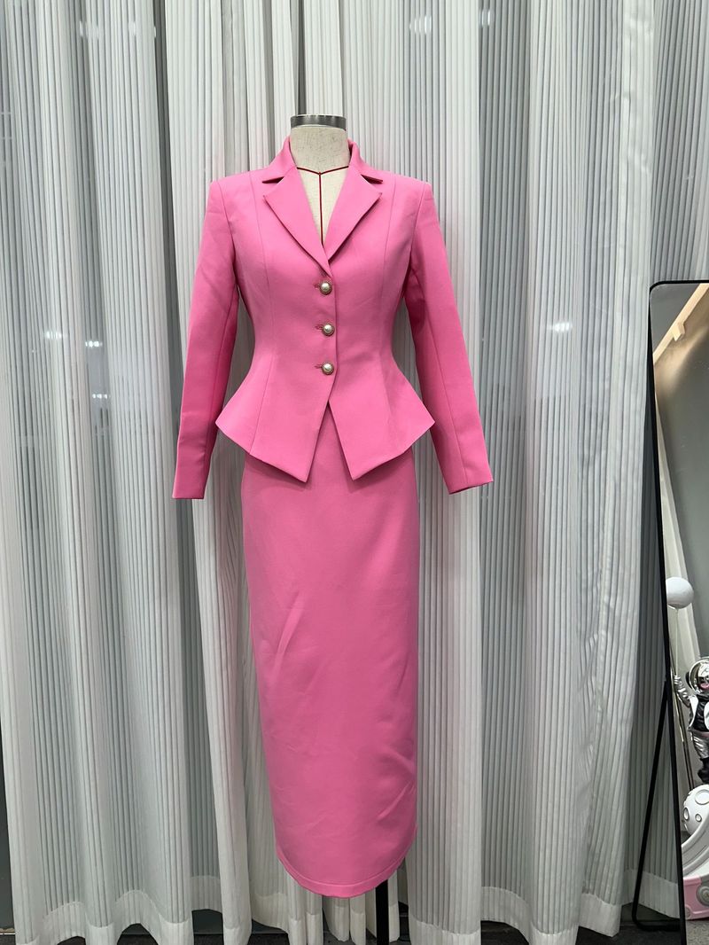 Conjunto de traje con bloques de color para mujer: chaqueta entallada de botonadura sencilla y falda midi para oficina y estilo casual elegante._voghion.com