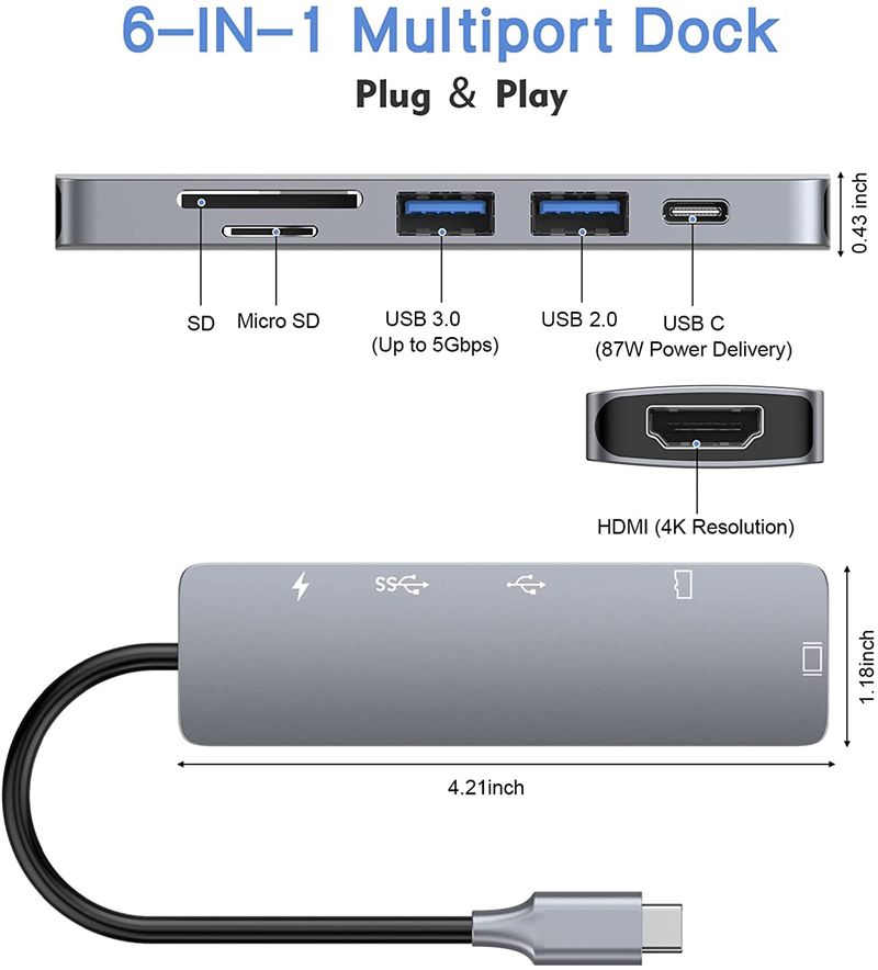 Station d'accueil USB C HUB 6 en 1 avec adaptateur USB C avec HDMI 4K USB3.0 SD/TF 87 W PD Thunderbolt 3 pour MacBook Pro PC Accessoires_voghion.com