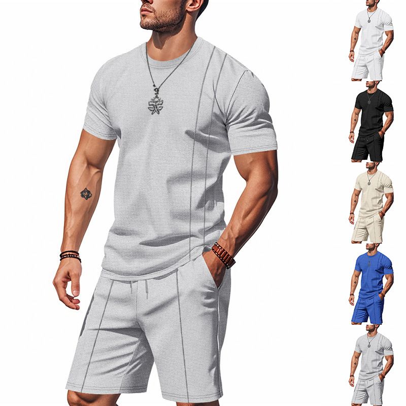 American Style Summer Men's Loose Fit INS Simple Waffle Round Neck Short Sleeve Shorts Two-Piece Set_voghion.com