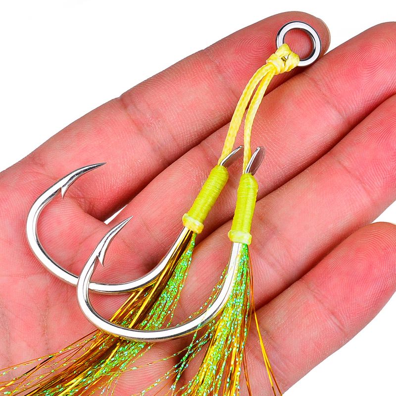 Barco duplo de alto mar Marushi Bluefish Slow Jigging Placa de ferro Amarrado Gancho de cabelo Acessórios para pesca 2 pares/pacote_voghion.com
