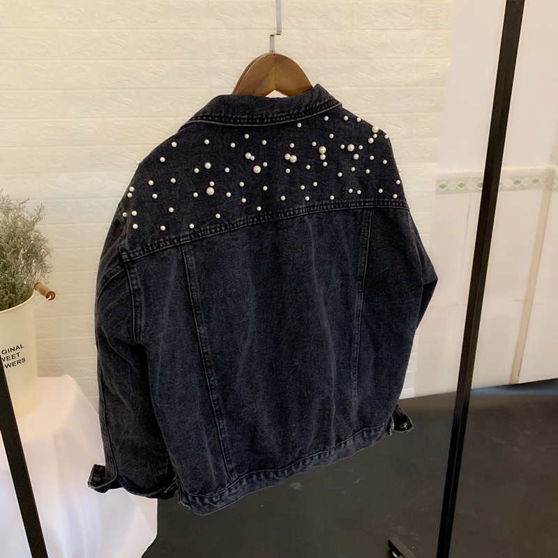 Chaqueta vaquera de manga larga para mujer, chaqueta vaquera holgada con botones y perlas, solapa corta, informal salvaje, entrega rápida, novedad de otoño de 2023_voghion.com
