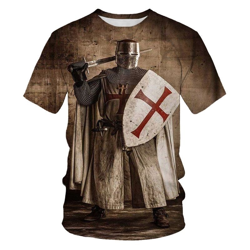 Medieval Knight Templar Print 3D T-Shirt Divine Cross Pattern Men's O-Neck Short Sleeve Casual T-Shirt Vintage Street Clothing_voghion.com