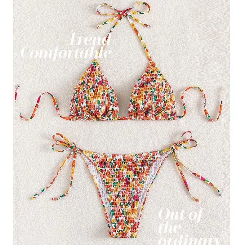 Women's Clothing New Triangle Bag Swimsuit Sexy Three Point Straps Small Chest Beach Print Hot Spring Bikini_voghion.com