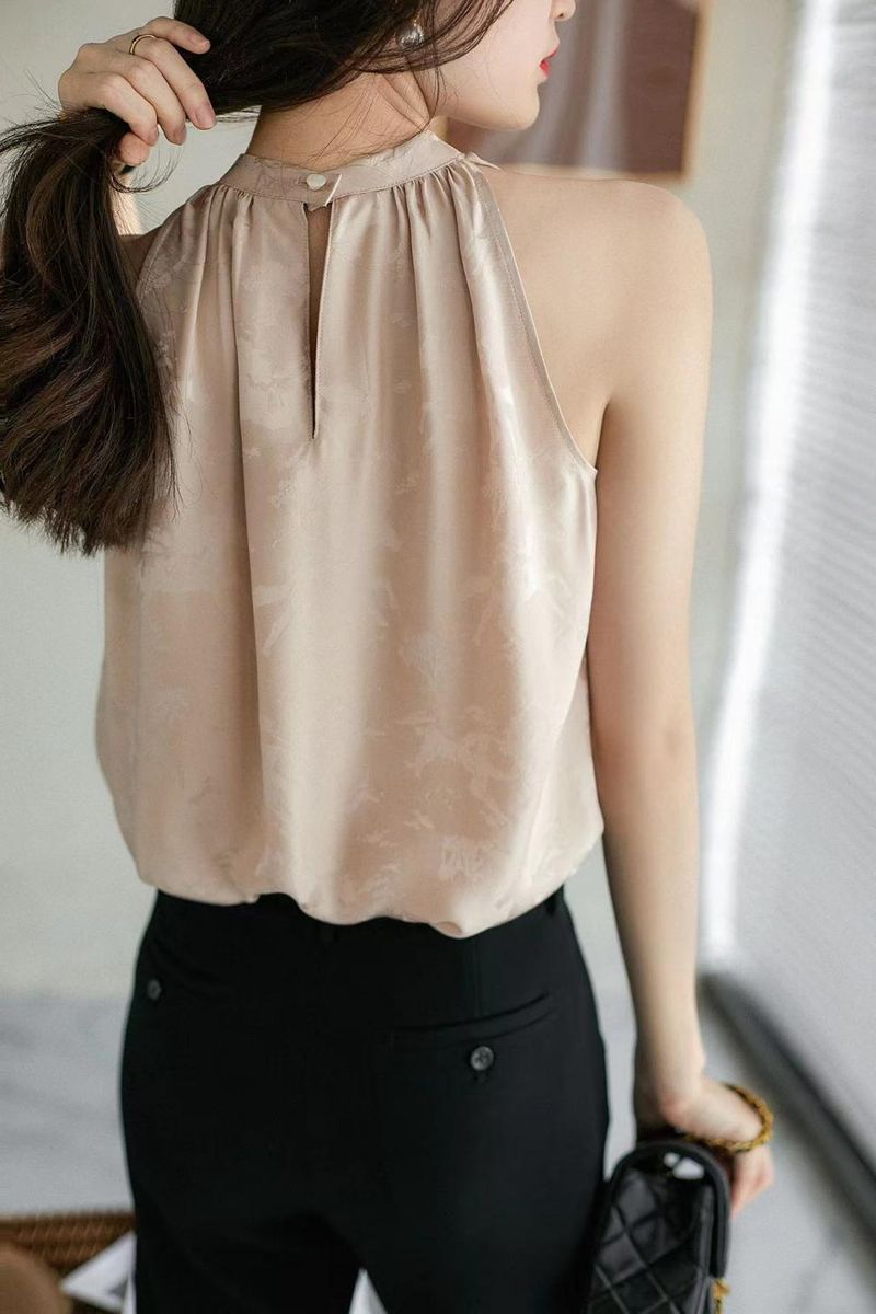 Jacquard standing collar hanging neck suspender vest for women's sleeveless 2024 new summer French right angle shoulder_voghion.com