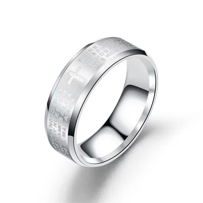 Anello a croce con preghiera del Signore da 8 mm in vendita, in acciaio inossidabile e argento, per uomo, fede nuziale, anelli della Bibbia, lucidati | Fede cristiana di Gesù e preghiera_voghion.com