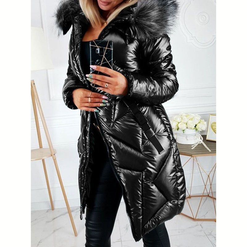 Elegante cappotto in PU con maniche lunghe e finiture in pelliccia sintetica per donna - Giacca invernale slim fit con finitura lucida, calda ed elegante (nero, blu, verde scuro)_voghion.com