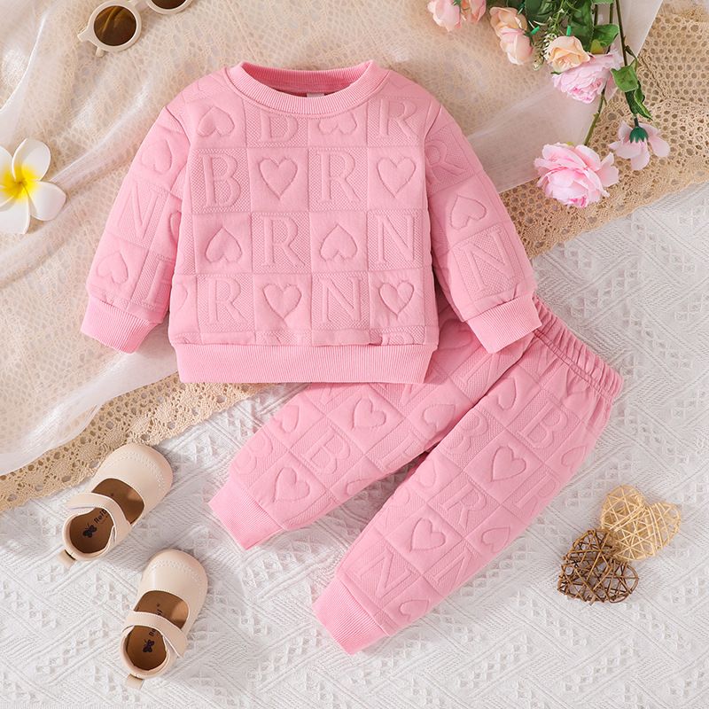 Conjunto de duas peças para bebês meninas, 225, primavera e outono, com gola redonda e manga comprida, calça estampada com letras, disponível em estoque_voghion.com