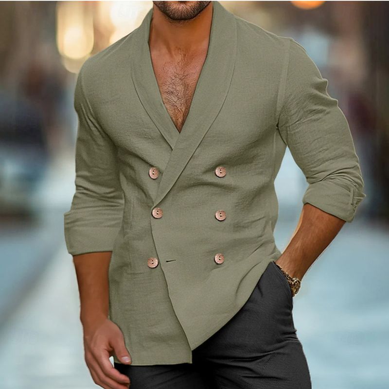 Completo da uomo primaverile e autunnale, doppiopetto, casual, in cotone e lino, con camicia alla moda, a maniche lunghe, cardigan, giacca tinta unita_voghion.com