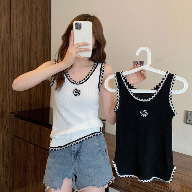 Maglione corto a canotta con fiore di rosa in seta ghiacciata per donna, stile estivo, nuovo, piccolo, stile profumato, vestibilità aderente, maglione lavorato a maglia alla moda_voghion.com