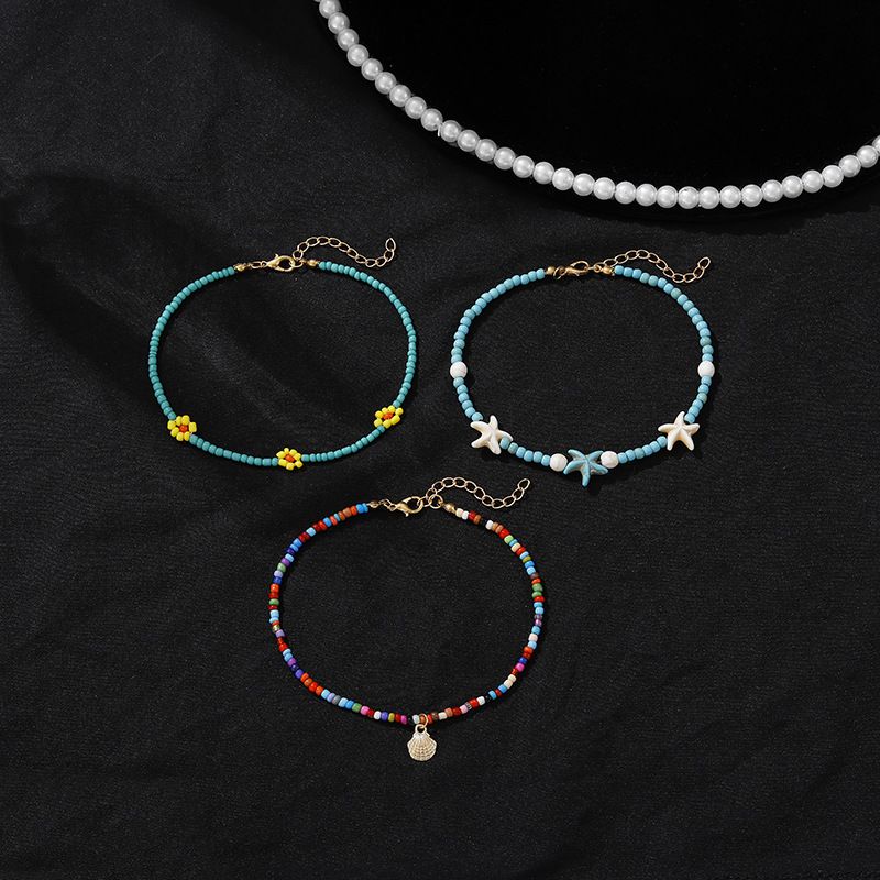 New Combination Personalized Starfish Shell Flower Colored Beads 3-piece Set Chain Beach Feet Decoration_voghion.com