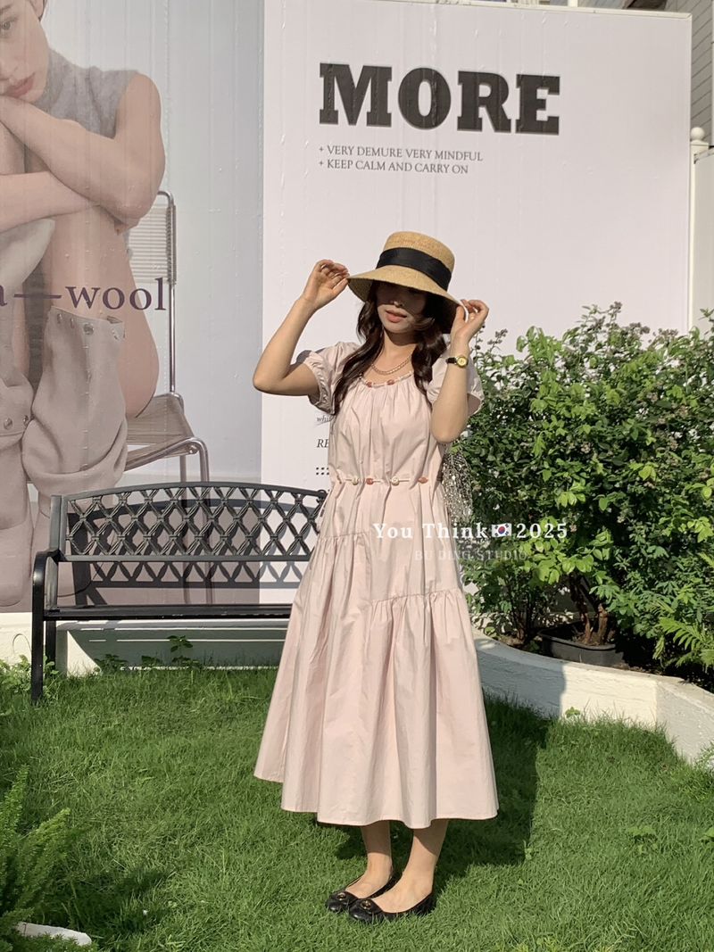 【You Think】Summer New Commuter Design Heavy Drawstring Tie Beaded Elegant Dress_voghion.com
