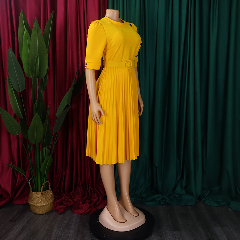 Robe de commerce extérieur plissée à boutons de couleur unie de style africain pour femmes automne et hiver_voghion.com