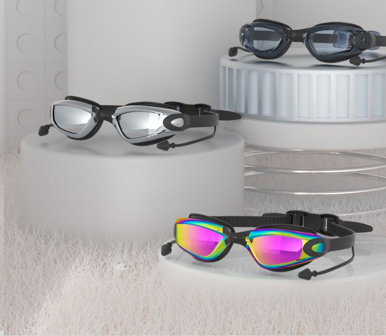 Simglasögon för vuxna, HD vattentäta och imfria, elektropläterade simglasögon i silikon, badmössa, näsklämma, öronproppsset_voghion.com