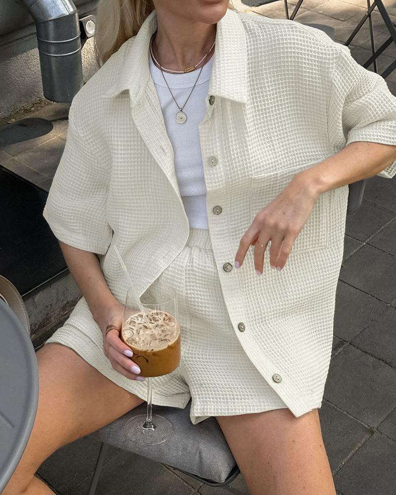 Női ruházat Őszi Minden Méretű Gofri Egyszínű Rövid Ujjú Ing Öltöny Laza Divat Hétköznapi Öltöny_voghion.com