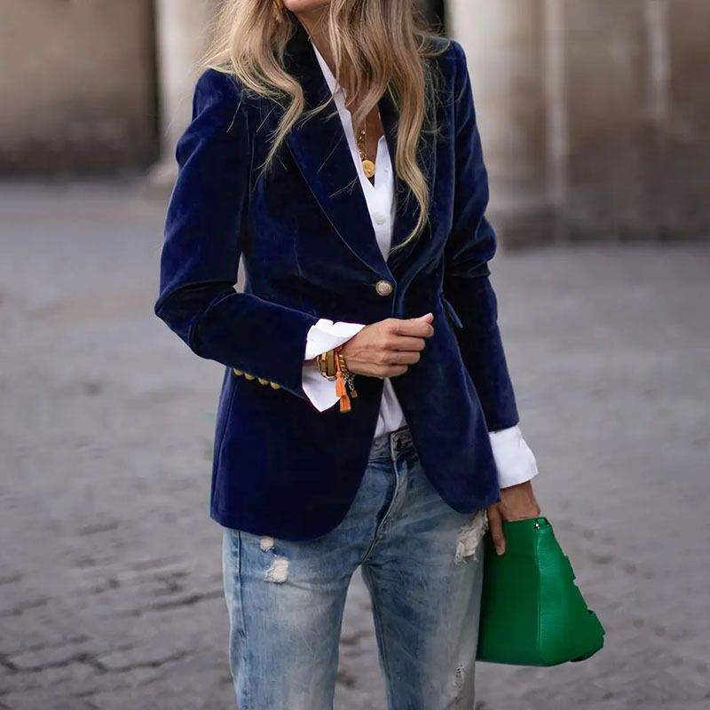 Blazer doppiopetto senza maniche con finiture in velluto per donna, primaverile, da ufficio (rosso/blu/verde/nero) | Dolce e sofisticato (S-XXL)_voghion.com