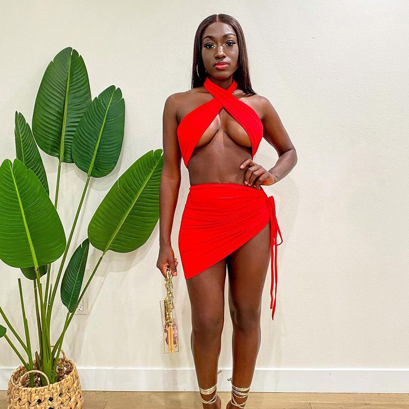 Women's Clothing 2025 Spring Summer New Solid Color Halter Cross V-neck Sleeveless Crop Top Backless Ruched Short Skirt_voghion.com