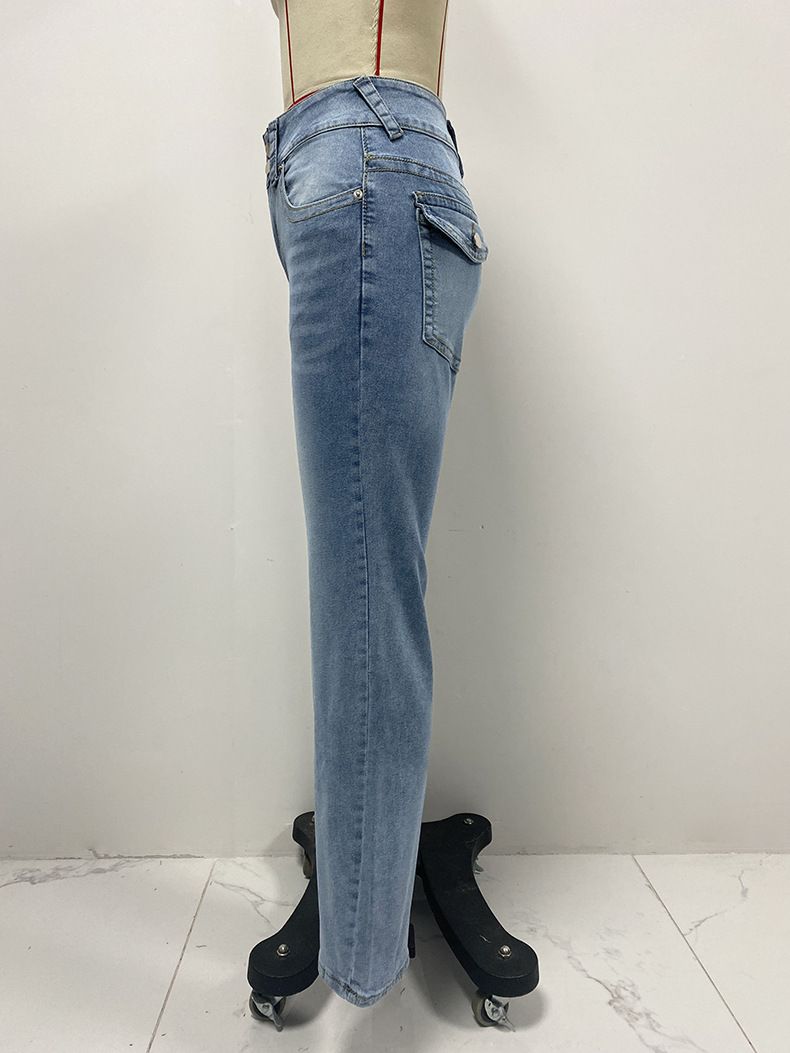 Double Button Mid Waist Straight Jeans Women's Slim Temperament Pants_voghion.com
