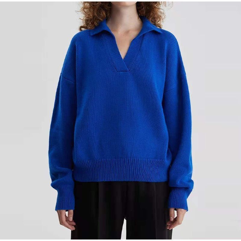 2022 Spring And Autumn New Women's Knitted Polo Collar Pullover Green Sweater_voghion.com