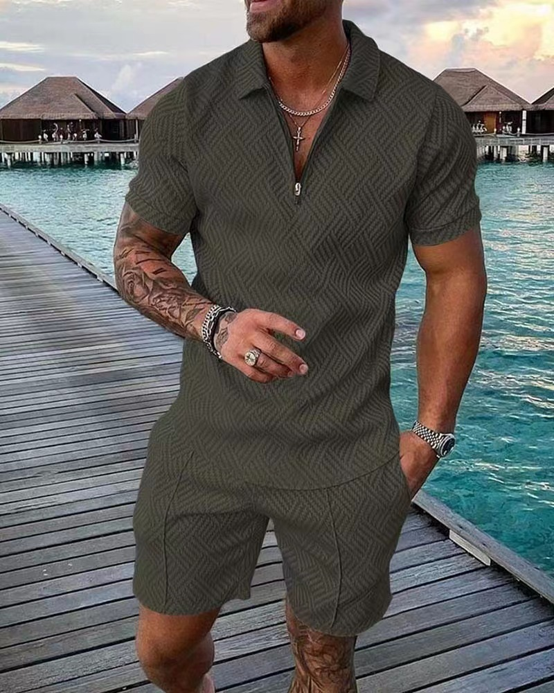 2025 New Summer Men's Shorts Set Short Sleeve Zip Polo Shirt Street T-shirt Two Piece Casual Sportswear_voghion.com