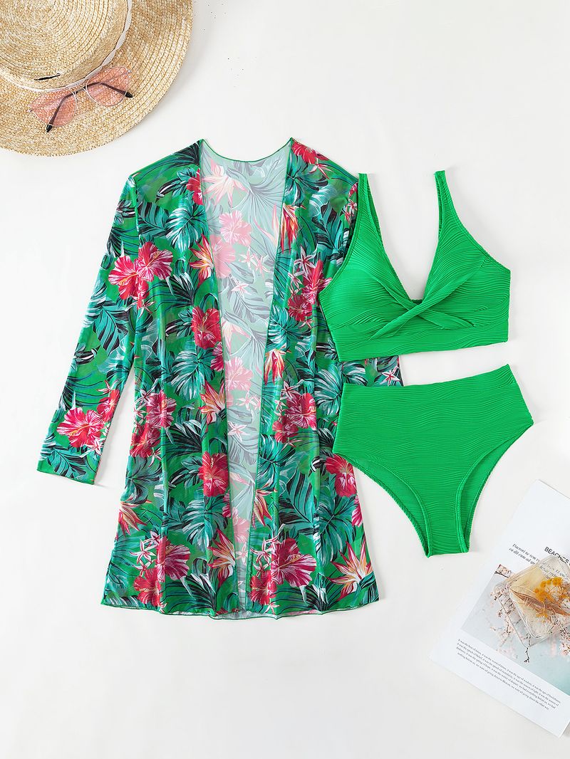 costume da bagno in tre pezzi diviso da donna a maniche lunghe bikini celebrità di Internet a vita alta tinta unita_voghion.com