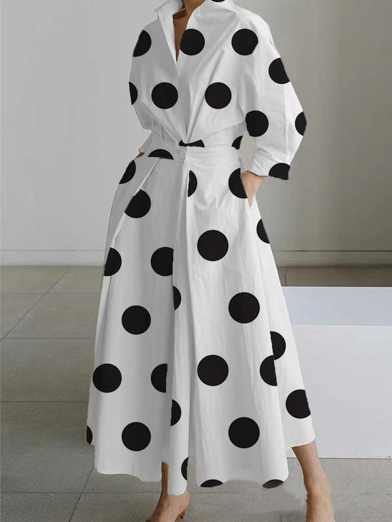 Abito lungo in velluto grigio, con maniche a pois, scollo a V, cerniera alta, comodo e antirughe, modello midi primaverile_voghion.com