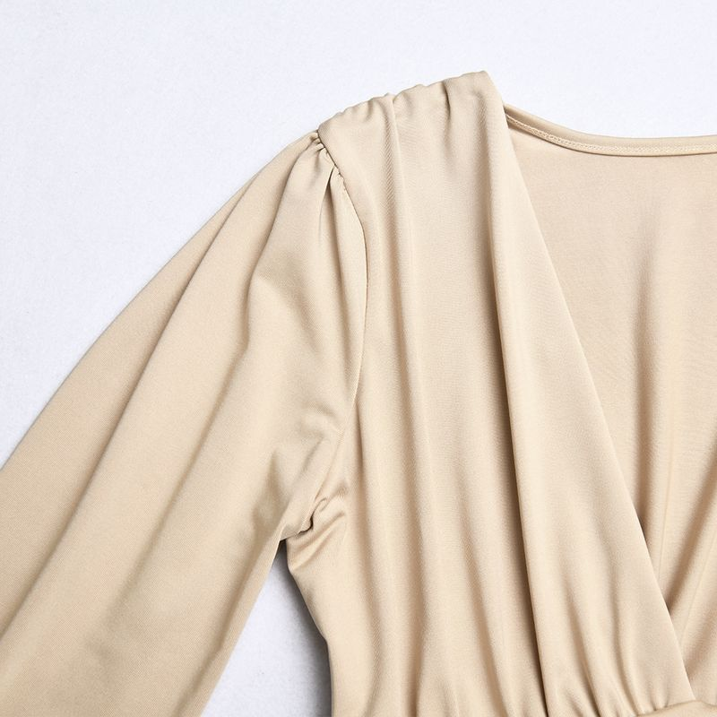 Kvinders sexet langærmet dyb V-talje plisseret temperament jumpsuit_voghion.com