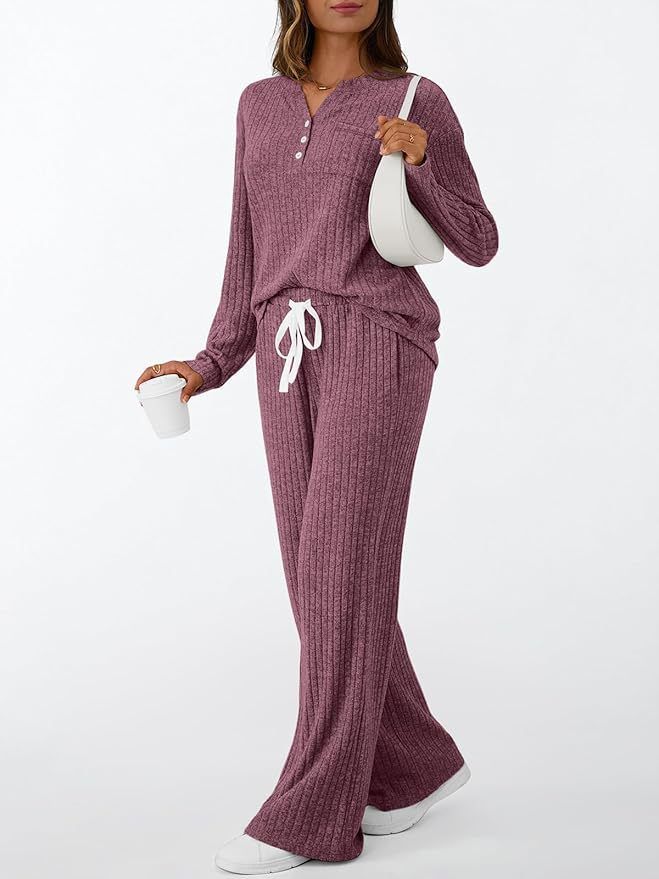 Ribbed Fleece Lounge Set – Cozy Long Sleeve Pajama Set (V-Neck & Pants) | Soft & Breathable (Multiple Colors)_voghion.com