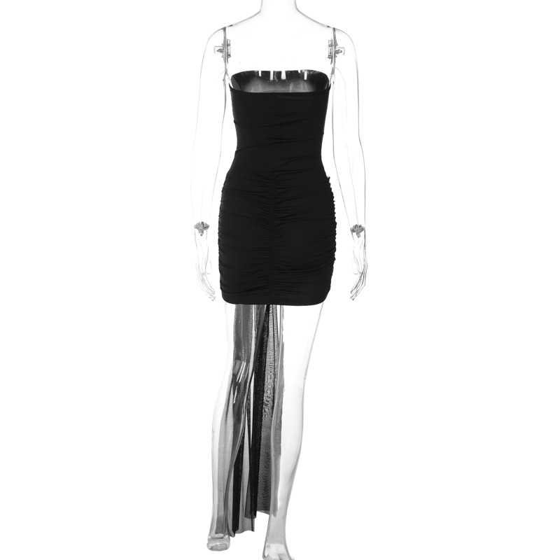 Damenbekleidung Neues einfarbiges Temperament, eingewickelte Brust, Korsett, Spleißen, Netzband, plissiertes kurzes Kleid_voghion.com