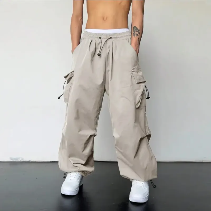 Schnell Trocknende Cargohose Für Herren Im Amerikanischen Stil, 2024, Sommer, Neue Fallschirmhose, Hohe Taille, Weites Bein, Lässige Sporthose_voghion.com