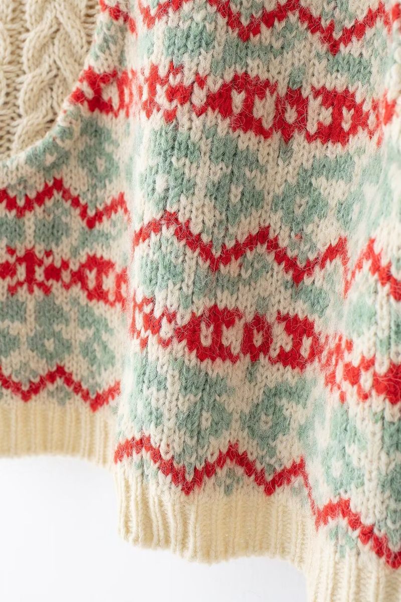 Women's 2024 Autumn/Winter New Street Fashion Round Neck Splicing Jacquard Knitted Shirt_voghion.com