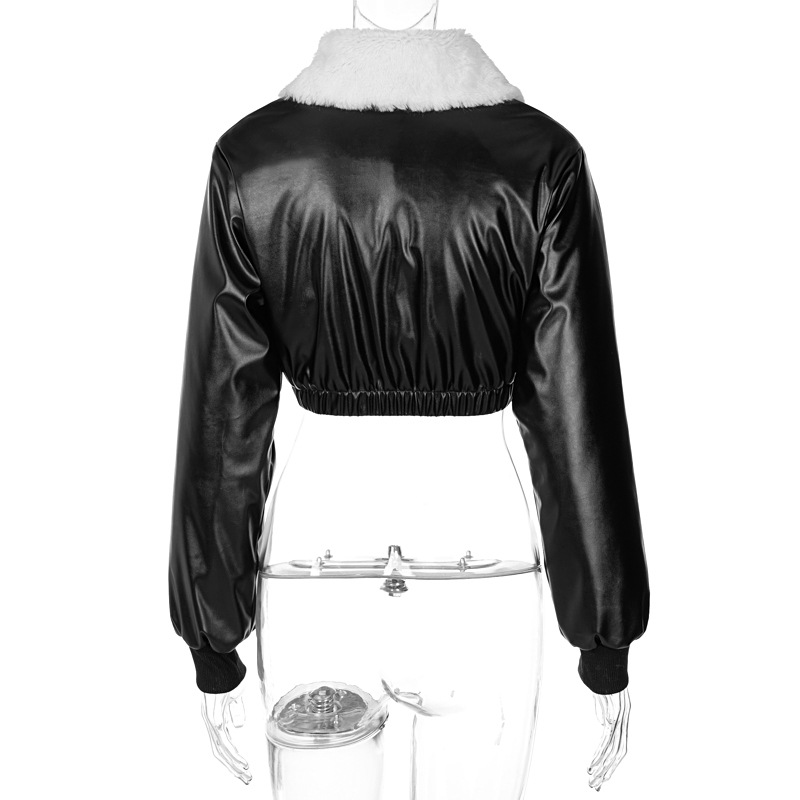 Showmirrror revers top met lange mouwen effen bont ruches pu leren jas winter damesmode kunstleer streetwear pluche_voghion.com