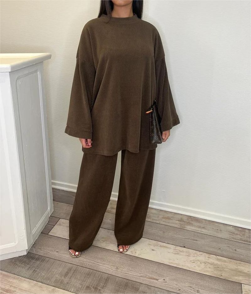 Women's Clothing new corduroy solid color round neck women's long sleeve + pants two piece set_voghion.com
