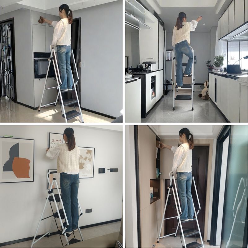 ladder, Folding Ladder Stool, With Anti Slip Wide Pedals, Steel Ladder, With Safety Anti Slip Handle, Lightweight 300 Pound Portable Steel Ladder Stool In White 5 Steps_voghion.com