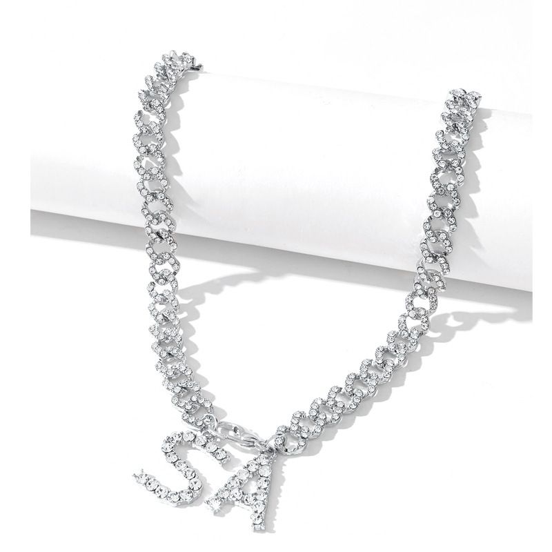 Diamond Studded Letter Necklace, Simple, Atmospheric, Personalized, Trendy Chain, Internet Celebrity Temperament,_voghion.com