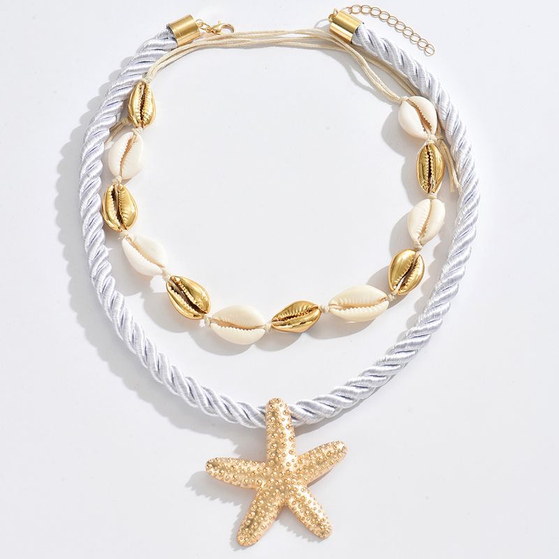 Gold Exaggerated Beach Style Alloy Accessories Handmade Shell Starfish Necklace Women's Collarbone Chain_voghion.com