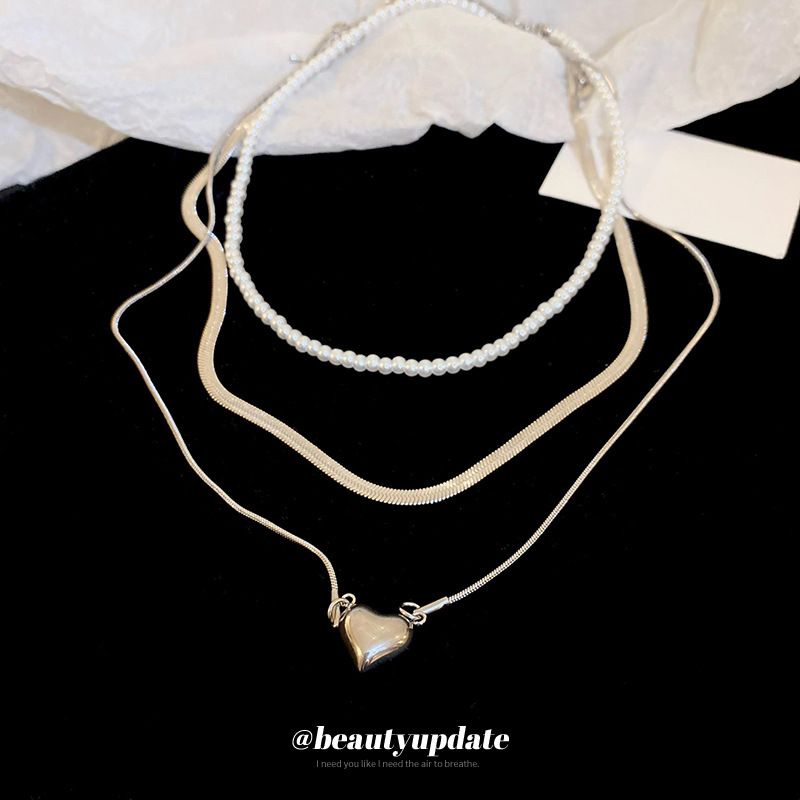 Titanium Steel Cold Wind Love Pearl Necklace Three Piece Set New Clavicle Chain Light Luxury Temperament Accessory For_voghion.com