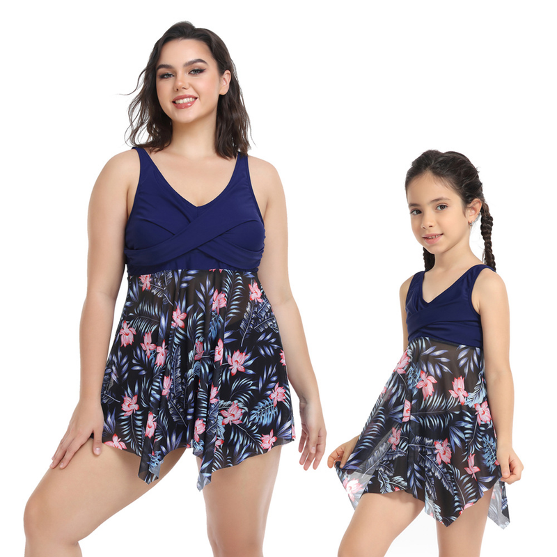 Mother & Kids European and American new plus size swimsuits plus parent-child swimwear mesh skirt two-piece set wholesale in stock_voghion.com