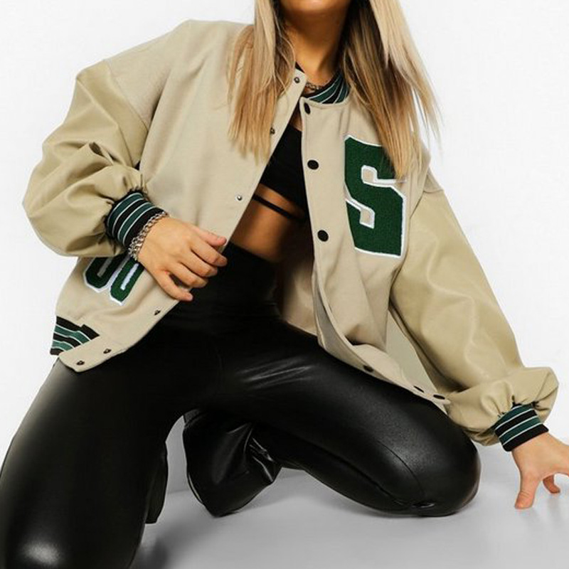 Chaqueta de béisbol engrosada de lana con letras para mujer_voghion.com
