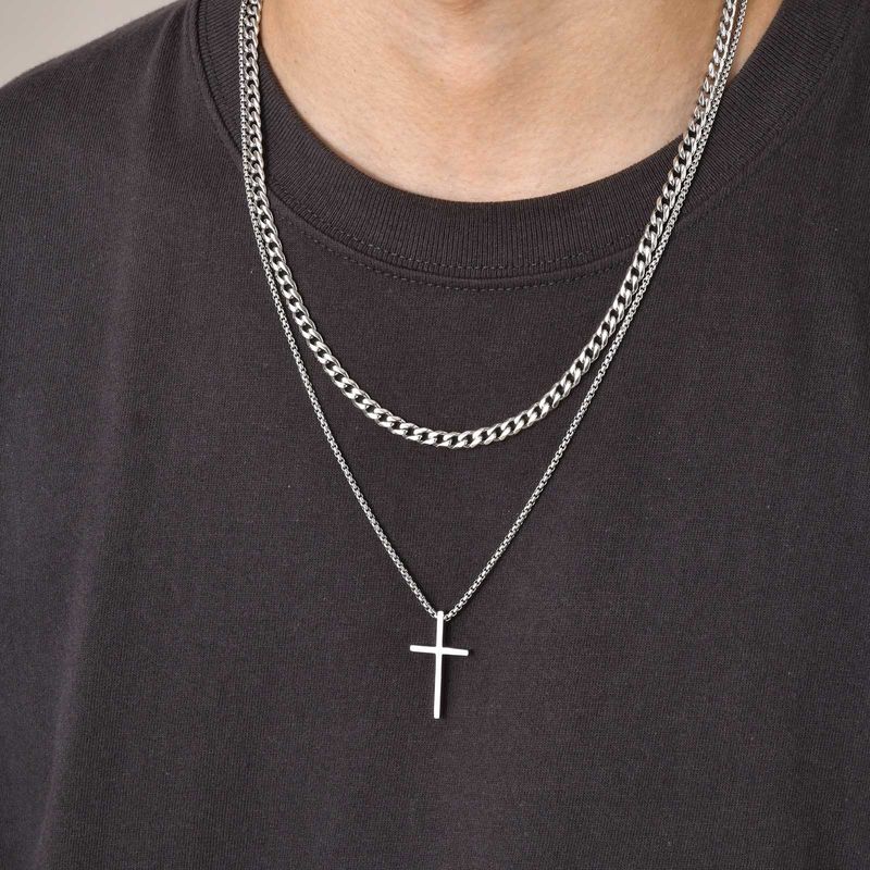 Collane da uomo Vnox, ciondolo a croce semplice a strati in acciaio inossidabile, collana con catena a scatola di corda, semplice collare con preghiera di Gesù_voghion.com